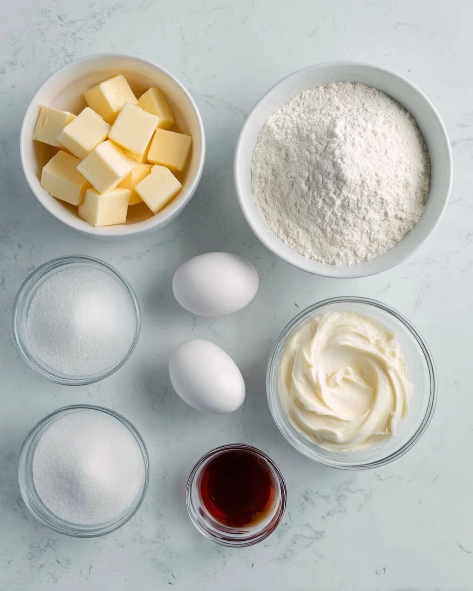 The image shows six white bowls and a pile of three white eggs arranged on a white marbled surface. The top left bowl holds several cubed pale yellow butter pieces, the top right bowl is filled with white flour, the bottom left bowl contains fine white sugar, the small bowl on the right holds a white creamy substance, and the smallest glass bowl in the lower right corner has a dark brown liquid. Three white eggs are placed in the center between these bowls, creating a neat and clean layout. photo taken with an iphone --ar 4:5 --v 7