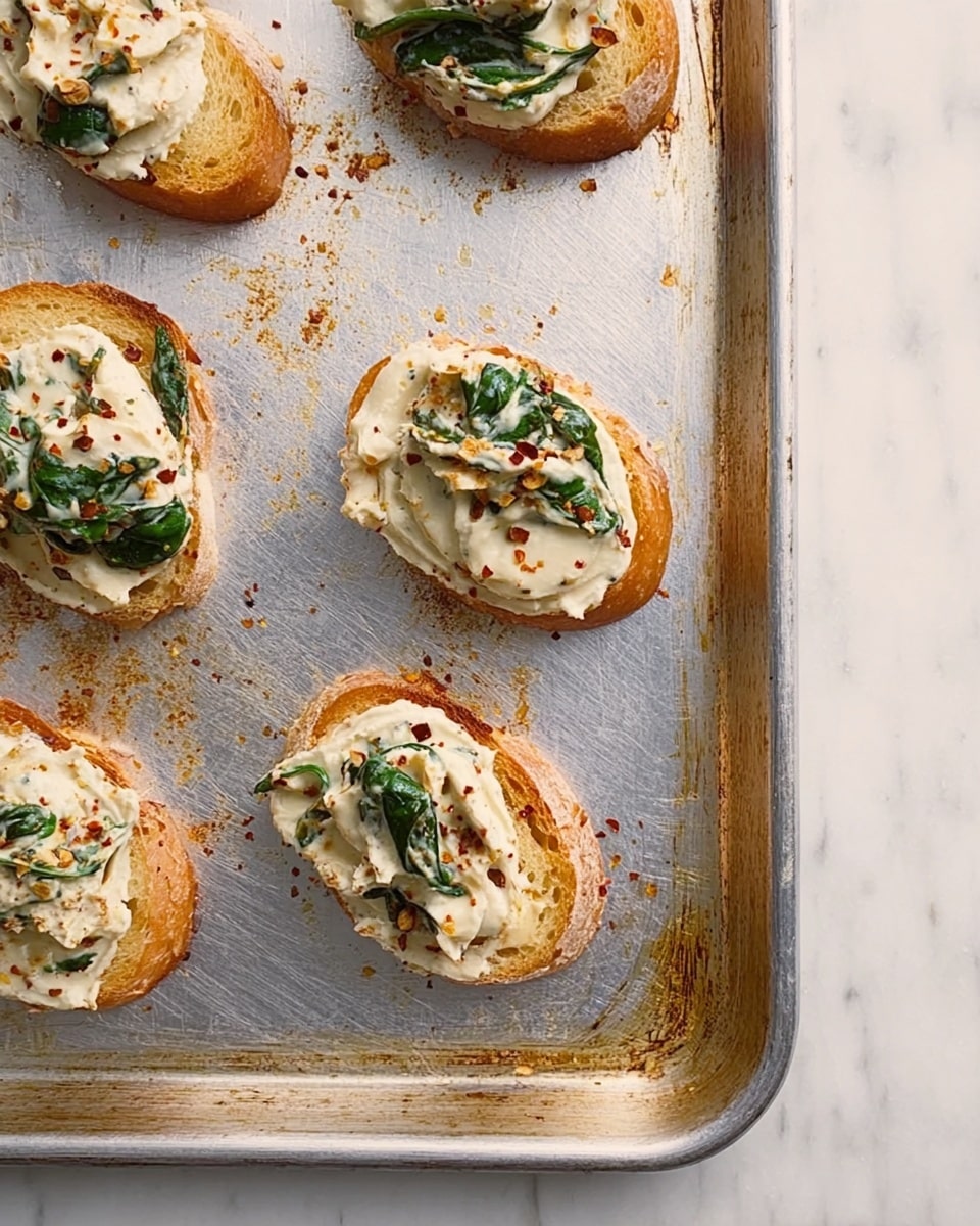 There are six small pieces of toasted bread arranged on a metal baking sheet, each topped with a creamy, white mixture that contains visible green spinach leaves and red pepper flakes. The toasted bread pieces are golden brown with slightly uneven edges. The creamy topping has a smooth texture with leafy spinach embedded throughout. The metal baking sheet shows signs of use with some discoloration and scratches. The background is a white marbled texture. Photo taken with an iphone --ar 4:5 --v 7
