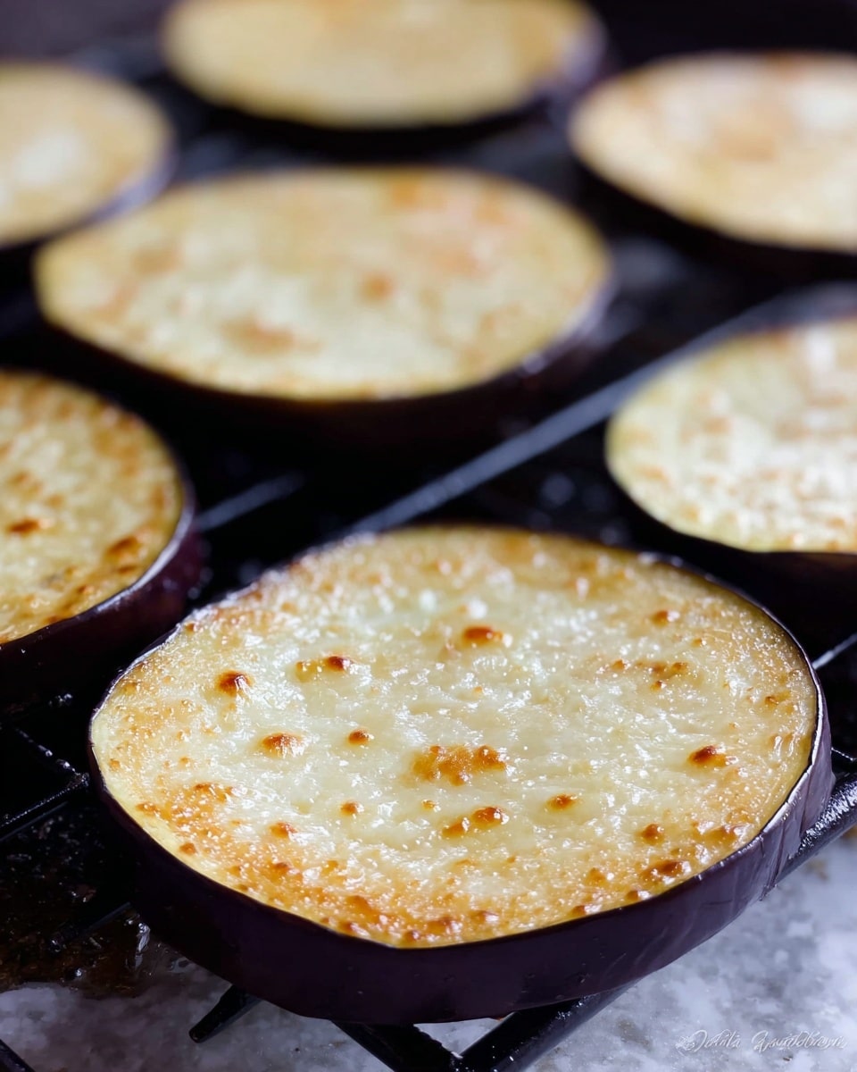 The image shows several round slices of eggplant being roasted on a black grill rack. Each slice has a light golden color with small brown spots and a slightly shiny, moist surface. The outer skin of the eggplant slices is dark purple, forming a border around the light interior. The slices have a soft and cooked texture with little bubbles of moisture on top. The background is blurred, focusing on the eggplant in the foreground, all placed on a white marbled surface. Photo taken with an iphone --ar 4:5 --v 7