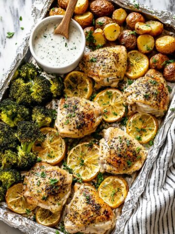 Garlic Lemon Chicken with Roasted Potatoes and Broccoli topped with Yogurt Parmesan Herb Sauce Recipe