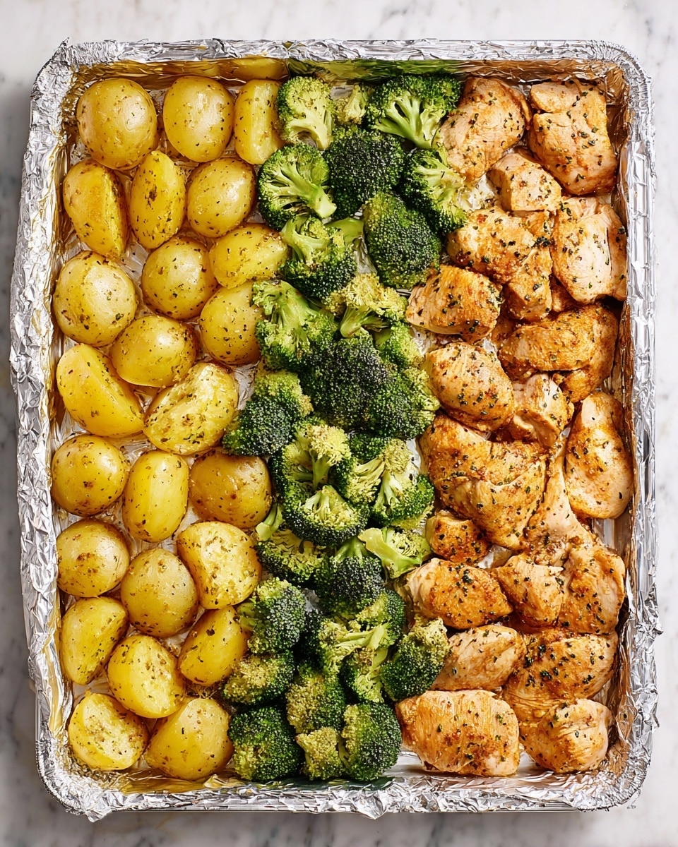 A foil-lined baking tray shows three neat sections of food arranged in rows. On the left, there are small yellow potato halves with a slightly browned surface and sprinkled with herbs. In the middle, green broccoli florets are spread evenly, showing bright, fresh color with a varied texture of small buds and stalks. On the right, a row of chicken pieces is laid out, each coated lightly with a seasoning made of herbs and spices, giving a speckled orange and brown look over the pale cooked meat. The tray is placed on a white marbled surface. photo taken with an iphone --ar 4:5 --v 7