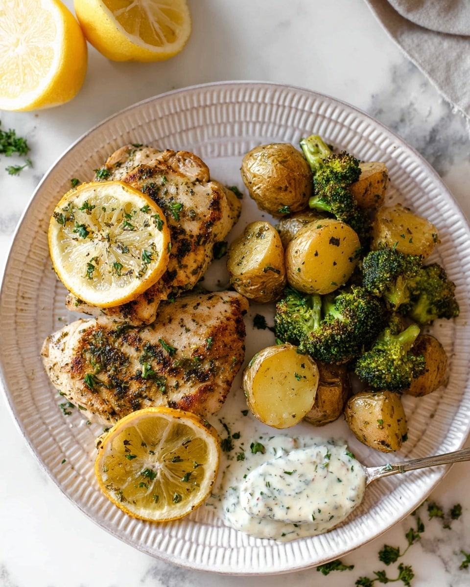 The dish shows two grilled pieces of chicken with a light brown color and herbs sprinkled on top, placed on two round lemon slices on the left side of a white plate with a textured edge. On the right side, there are golden small potatoes, some whole and some cut in halves, mixed with bright green broccoli florets. At the bottom right edge of the plate, there is a spoonful of white creamy sauce with green herbs speckled in it. The plate is placed on a white marbled surface, with a partially visible halved lemon in the top left corner and some scattered green herb leaves around. Photo taken with an iphone --ar 4:5 --v 7
