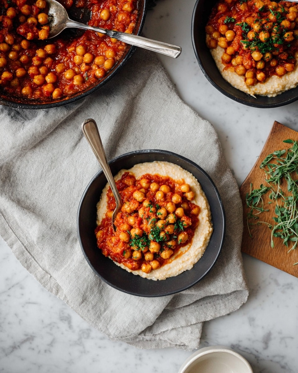 A black bowl sits on a light grey cloth with a silver spoon beside it on a white marbled surface. Inside the bowl, there are two layers: the bottom layer is a creamy, light beige porridge with a smooth texture, and the top layer consists of chickpeas cooked in a thick, reddish-orange tomato sauce, garnished with green herbs. To the upper left of the bowl is a cast iron pan filled with more of the chickpea mixture, and to the right, there is another black bowl with a spoon inside, also containing the same two layers. A wooden board with green herb sprigs and a small white bowl is in the lower right corner. Photo taken with an iphone --ar 4:5 --v 7