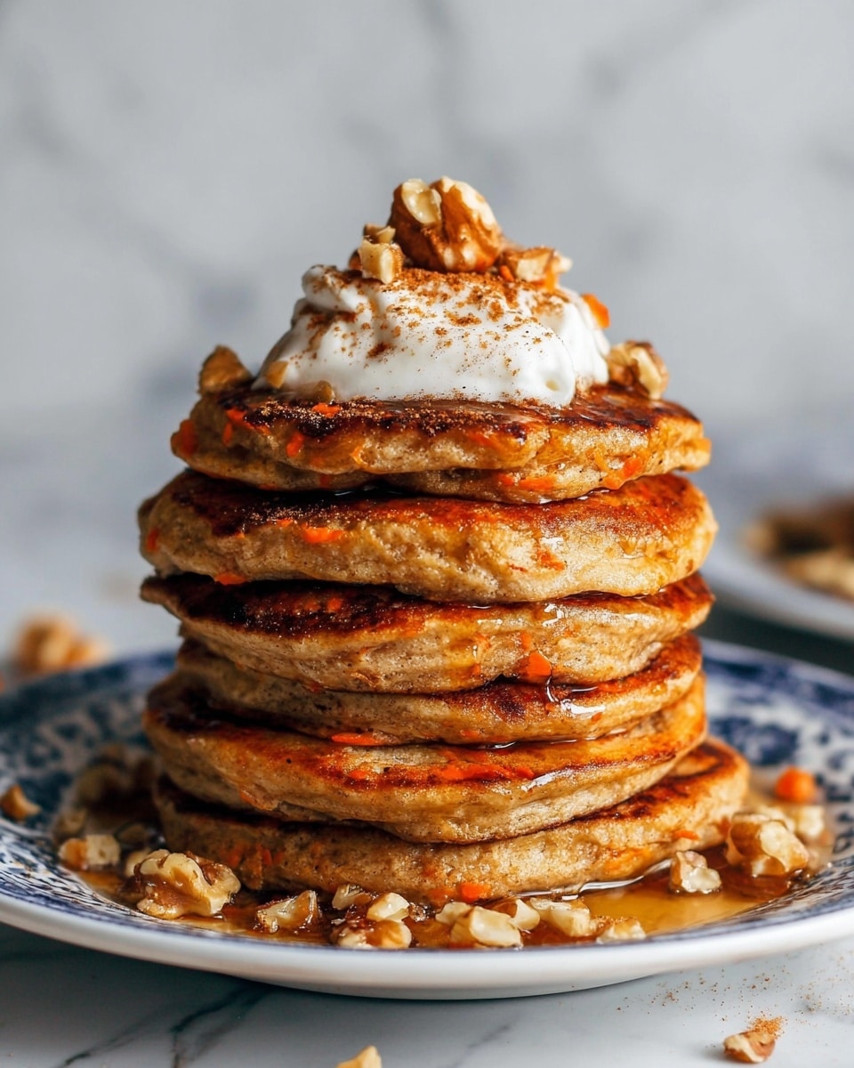 A stack of five thick, golden-brown pancakes sits on a white plate with blue patterns, each pancake showing a slightly uneven, fluffy texture with brown edges and small orange carrot bits inside. On top, there is a dollop of white cream, sprinkled with crushed walnuts and a dusting of cinnamon, while syrup glistens down the sides and pools on the plate, with some walnut pieces scattered around. The background is a soft white marbled texture. Photo taken with an iphone --ar 4:5 --v 7