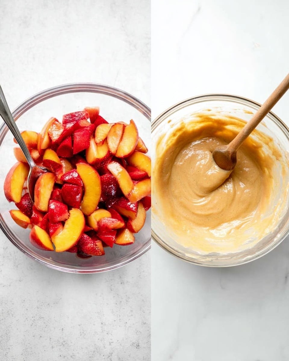 The image shows two clear glass bowls on a white marbled surface. The bowl on the left is full of bright, colorful sliced fruits, mainly red strawberries and orange peaches or nectarines, all mixed together with a slightly shiny look. A silver spoon is resting inside the fruit mix. The bowl on the right holds a creamy, light brown batter with a wooden spatula sitting in it, creating soft swirls in the smooth mixture. photo taken with an iphone --ar 4:5 --v 7