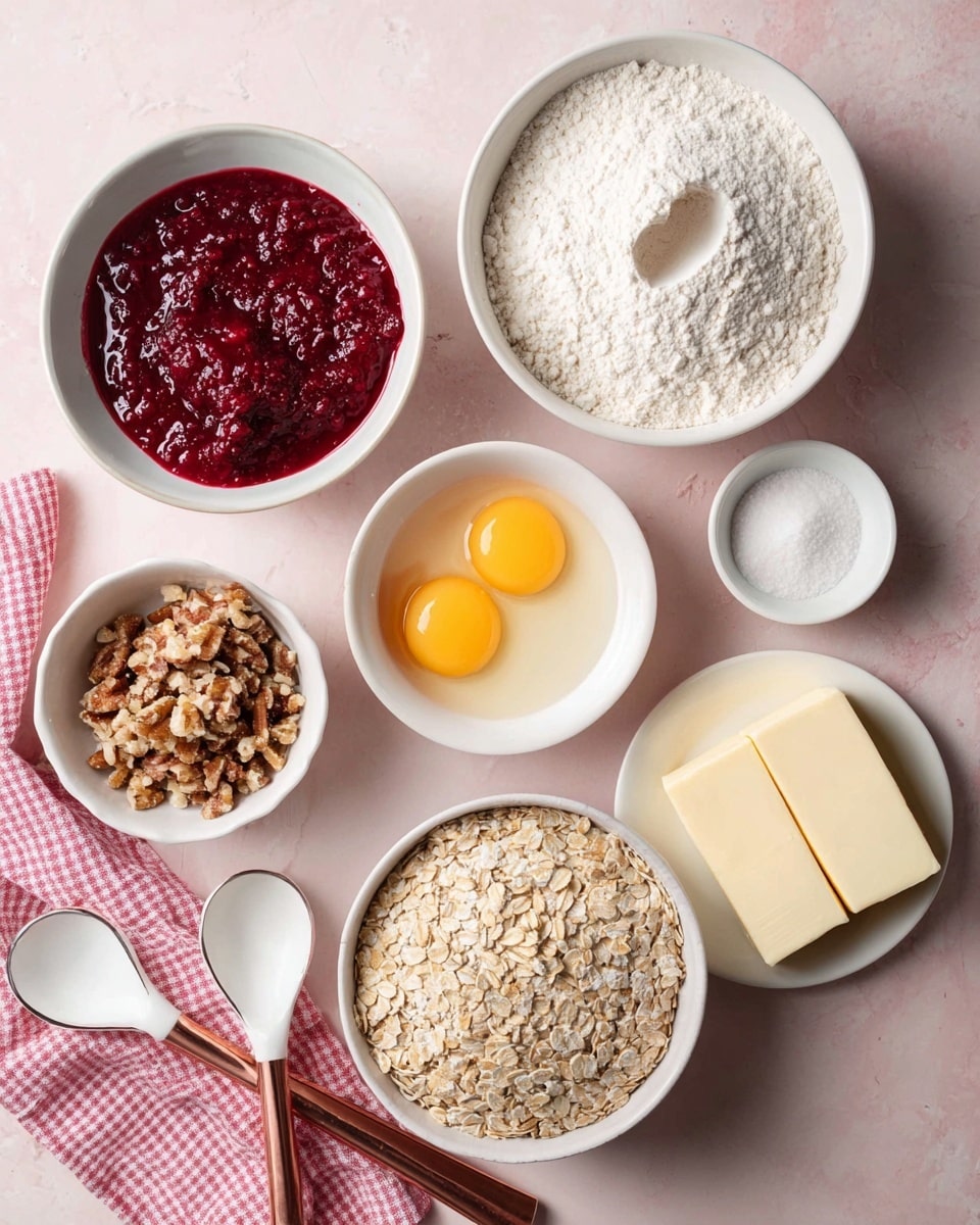 The image shows seven white bowls and plates arranged on a soft pink surface. On the top right, a bowl holds white flour with a small indentation in the center. To its left, there is a bowl full of thick, red berry sauce with a shiny texture. Below the flour, a smaller bowl contains two raw eggs with bright yellow yolks. A little to the left, a bowl filled with chopped nuts, showing various brown shades and rough texture. On the bottom right, a bowl is filled with pale beige oat flakes, slightly scattered. Near the oat bowl, there is a small white dish with a tiny amount of white salt. On the far right, a white plate carries three pale yellow sticks of butter, stacked. Two copper-handled white spoons rest on the pink surface near the left edge, one filled with white sugar and the other with light brown sugar. A pink and white checkered cloth lies near the spoons. photo taken with an iphone --ar 4:5 --v 7