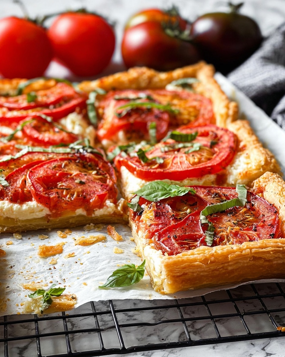 The image shows a rectangular tomato tart on white parchment paper over a black cooling rack, placed on a white marbled surface. The tart has a golden-brown, flaky puff pastry crust forming the base layer. On top, there is a creamy white cheese layer that looks soft and slightly melted. The third layer consists of thick slices of red and pink tomatoes arranged evenly, each slice showing juicy texture with seeds and slight roasting marks. Bright green sliced basil leaves are scattered on the top, adding fresh color contrast. The tart is cut into square slices, and some crumbs are visible around the edges. In the background, there are whole red and dark purple tomatoes adding to the fresh look. photo taken with an iphone --ar 4:5 --v 7