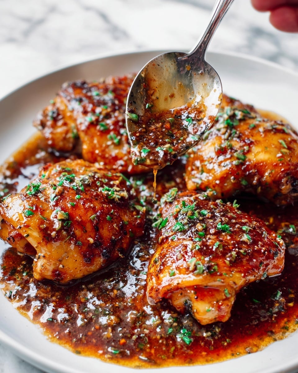 The image shows a close-up of several golden brown cooked chicken pieces in a white pan, each piece covered with a shiny, dark reddish-brown sauce. Small bits of chopped green herbs are sprinkled over the chicken, adding a splash of color. A silver spoon is shown in the upper right corner, tilting and letting some sauce drip back into the pan. The sauce looks thick and glossy, with a slightly textured surface. The background is a white marbled texture. photo taken with an iphone --ar 4:5 --v 7