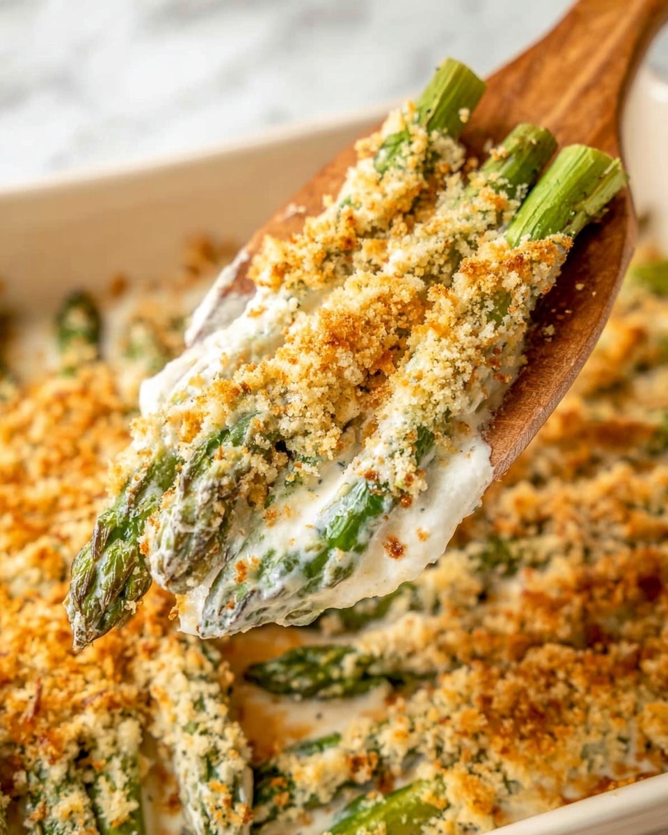 The image shows a close-up of asparagus bundles covered in a creamy white sauce and topped with a golden-brown toasted crumb layer. The asparagus is placed in clusters, with the spears facing outward at the bottom of the dish. The crumb topping is textured and crispy, giving a crunchy look. A wooden spatula is lifting one bundle, showing the layers of sauce, crumb, and green asparagus underneath. The dish is set on a white marbled surface, highlighting the warm colors of the food. photo taken with an iphone --ar 4:5 --v 7