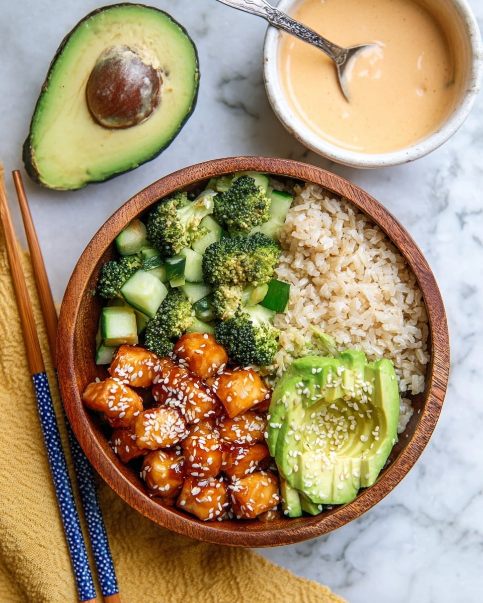 A wooden bowl filled with four main layers: light brown cooked rice on the right side, bright green broccoli florets mixed with pale green cucumber cubes on the left, golden-brown glazed salmon chunks topped with white sesame seeds in the center, and fresh pale green avocado slices sprinkled with sesame seeds at the bottom right. Next to the bowl is a half avocado with a dark seed, a white bowl with light orange sauce and a spoon inside, and a pair of blue and white chopsticks placed on a white marbled surface with a yellow cloth partially visible under the bowl. photo taken with an iphone --ar 4:5 --v 7