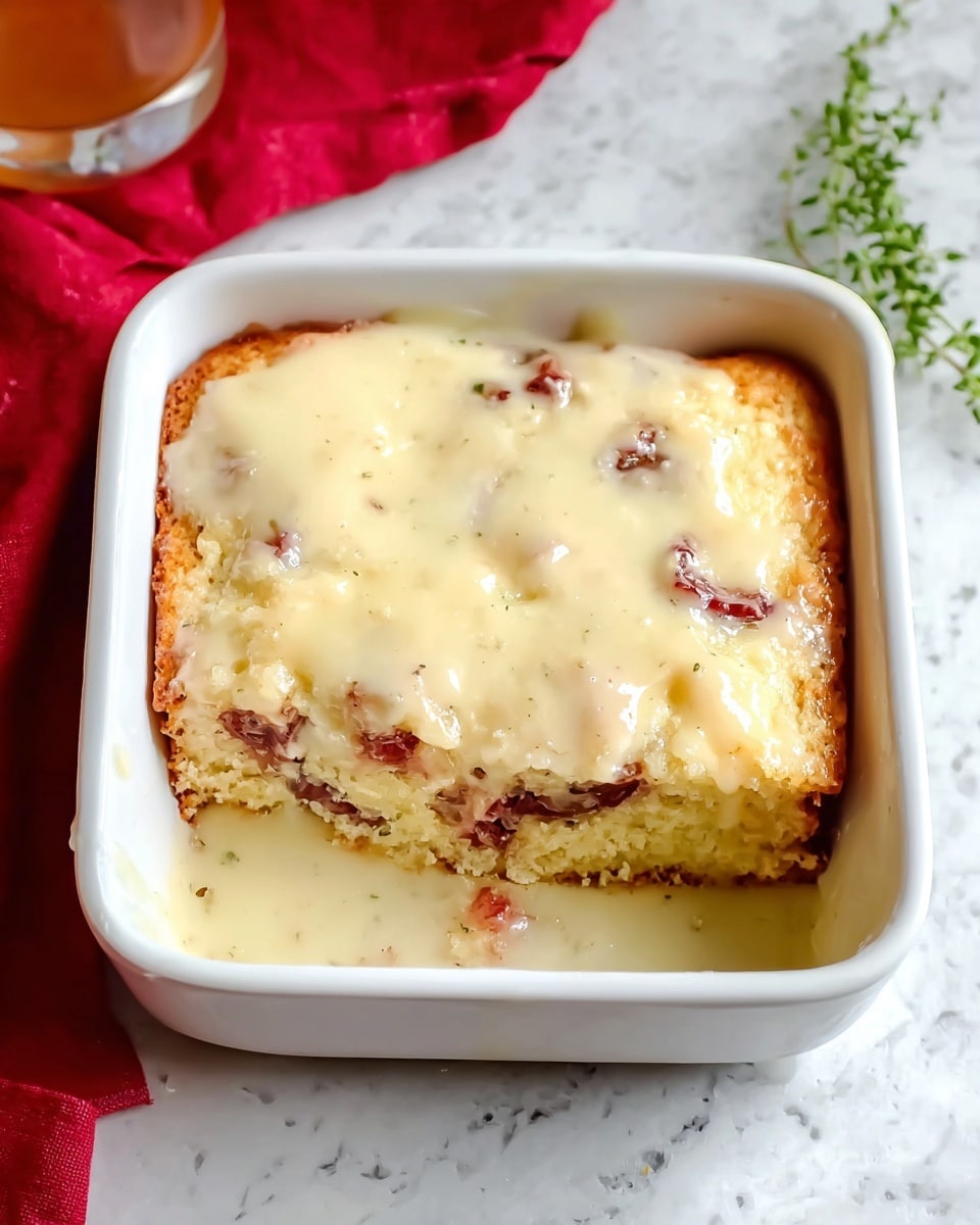 A white square baking dish filled with a creamy baked casserole showing three layers: a golden-brown top layer with a slightly melted texture, a middle layer of creamy sauce mixed with visible small pink chunks, and a thick base layer of soft, light-colored bread or dough. Part of the casserole is scooped out, revealing the layers inside. The dish is placed on a white marbled surface with a vintage silver spoon resting nearby. In the background, there is a red cloth on the left side and a small white cup with a pale sauce and a dark bottle on the right side, slightly out of focus. Photo taken with an iphone --ar 4:5 --v 7