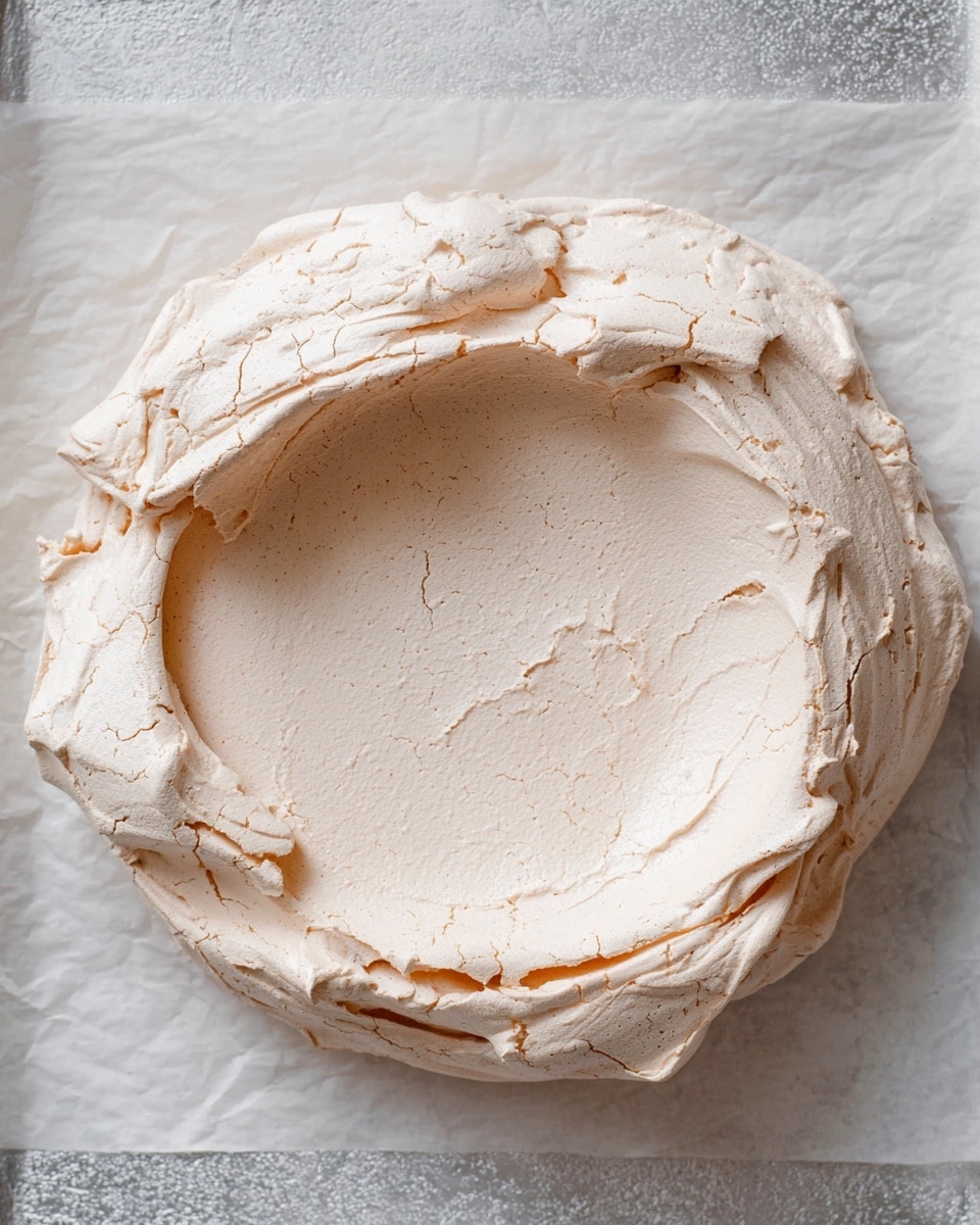A round meringue base with one thick layer is shown on white baking paper, placed on a metal baking tray. The meringue has a pale cream color with a dry, cracked, and slightly rough texture on the outer edges, which fold up slightly to create a shallow bowl shape. The center is smoother and flatter with minor cracks, giving a soft, airy look. The overall shape is irregular with natural folds and wrinkles. The background shows a white marbled texture. Photo taken with an iphone --ar 4:5 --v 7