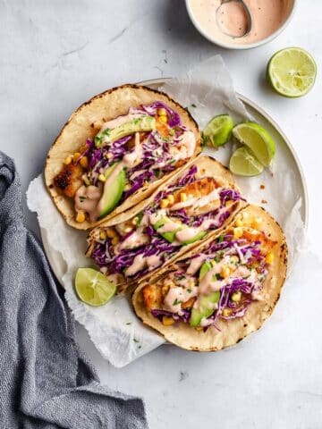 Cod Fish Tacos with Spicy Cabbage Slaw and Lime Sauce Recipe