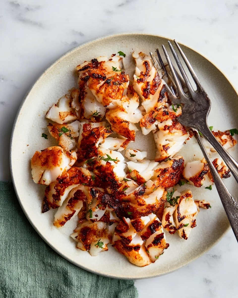 A white plate holds a layer of grilled cauliflower pieces, each piece showing a mix of white inside and a brownish-red outside with charred spots. The cauliflower is torn into uneven chunks spread all over the plate. Two metal forks rest on the plate's edge with their tines touching the cauliflower. The plate sits on a white marbled surface, and a green cloth can be seen in the bottom left corner. photo taken with an iphone --ar 4:5 --v 7