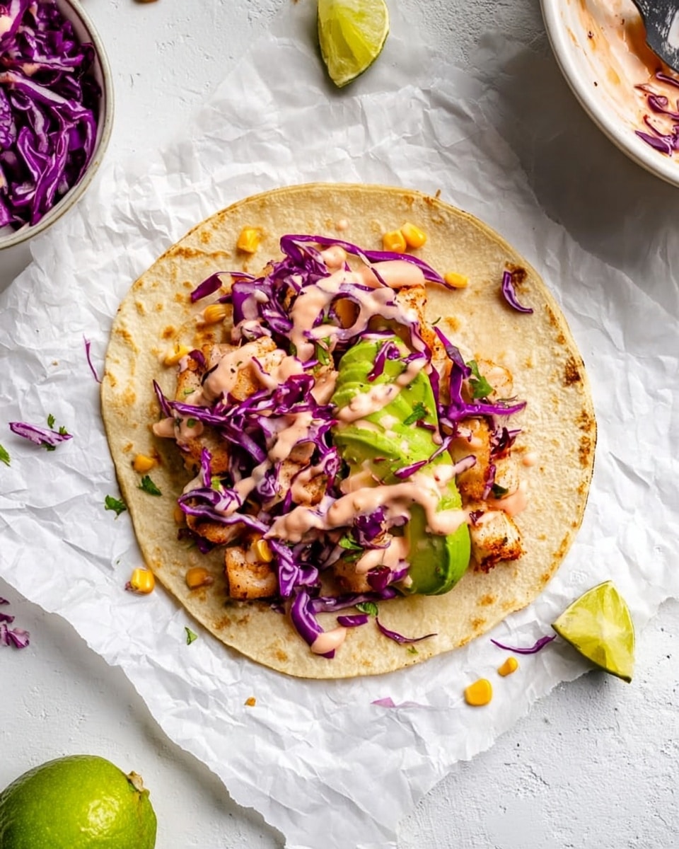 A flat, lightly toasted tortilla sits on crumpled white parchment paper over a white marbled surface. On the tortilla, there is a base layer of small, golden-brown cooked pieces of chicken. Above this, there are fresh bright green avocado slices arranged on one side. Thin strips of vivid purple cabbage are spread over the chicken and avocado layers, adding a crunchy texture. The top layer is a creamy, light pink sauce, drizzled unevenly over the cabbage and chicken. A few orange corn kernels are scattered around, adding a pop of color. Nearby, a half and a wedge of fresh lime rest on the white marbled background along with a spoon resting in a white bowl of more purple cabbage salad. photo taken with an iphone --ar 4:5 --v 7