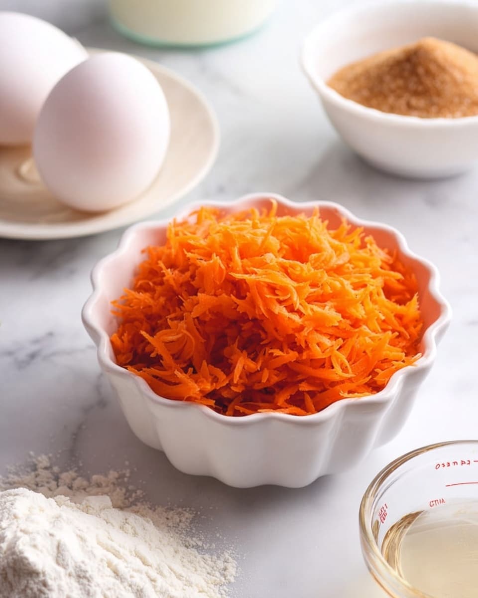 The image shows a close-up of a white scalloped bowl filled with bright orange shredded carrots, placed on a white marbled surface. Behind the bowl to the left, there is a white plate holding two white eggs, and further back, a white bowl filled with light brown sugar. To the right of the bowl of carrots, there is a glass measuring cup with a little liquid inside. At the bottom left corner, a pile of white flour is spread directly on the white marbled surface. The arrangement is clean and bright, with soft natural light highlighting the textures and colors. Photo taken with an iphone --ar 4:5 --v 7
