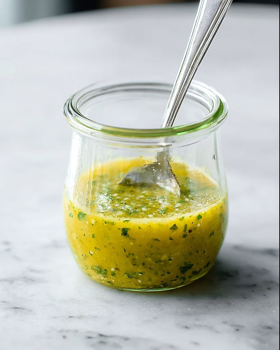 A clear glass jar filled halfway with a bright yellow-green sauce that has visible small green herb pieces and a slightly textured surface, resting on a white marbled surface. A metal spoon with a simple design stands inside the jar, leaning back at an angle. The background is soft and blurred with neutral colors, focusing attention on the jar and sauce. photo taken with an iphone --ar 4:5 --v 7