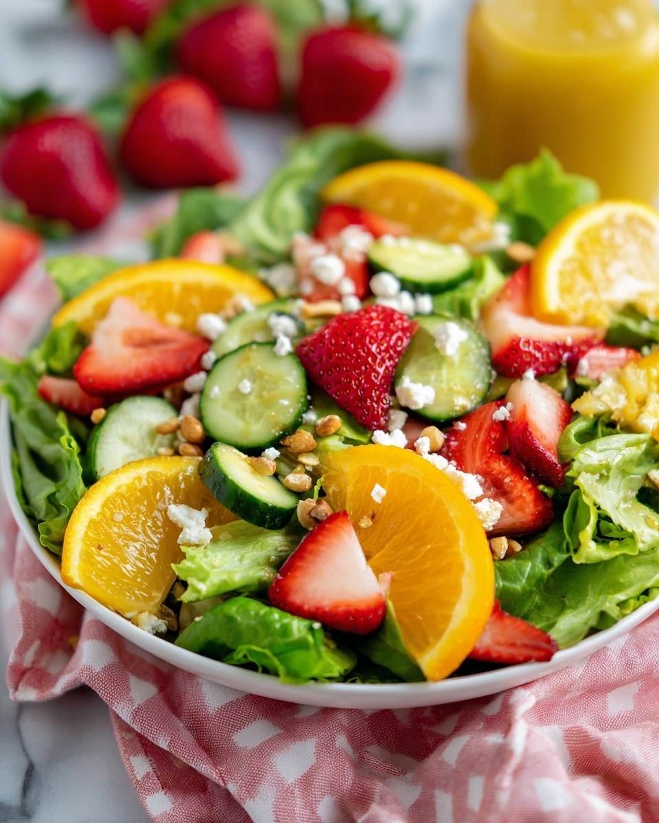 This is a fresh salad served in a white bowl placed on a white marbled surface with a pink and white checkered cloth partially visible underneath. The salad has several layers: the base layer is made of green leafy lettuce with different textures, large and fresh. On top of this, there are bright orange slices placed evenly around the bowl, along with red strawberry pieces that are cut into halves showing their juicy texture. There are also round green cucumber slices with light seeds, scattered throughout. Small white crumbles that look like cheese are sprinkled over the salad, along with small tan nuts providing a crunchy look. The background includes a yellow jar slightly blurred. Photo taken with an iphone --ar 4:5 --v 7