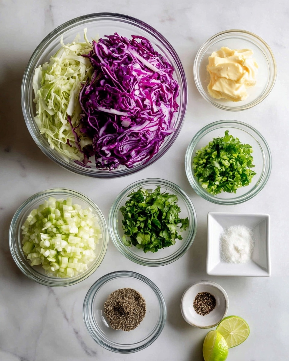 A clear glass bowl at the top center holds two layers of shredded cabbage: a bright purple layer on top and a light green layer underneath. Below it and spaced around are five small clear glass bowls. From left to right, they contain finely chopped light green celery and onion mix, a light yellow creamy dollop of mayonnaise, bright green chopped scallions, a rich green heap of fresh cilantro leaves, and a pile of ground black pepper. At the bottom right, a small white square bowl contains a lime half, a small white round dollop of sauce or cream, and a small scoop of black pepper. All bowls rest on a white marbled texture surface. Photo taken with an iphone --ar 4:5 --v 7