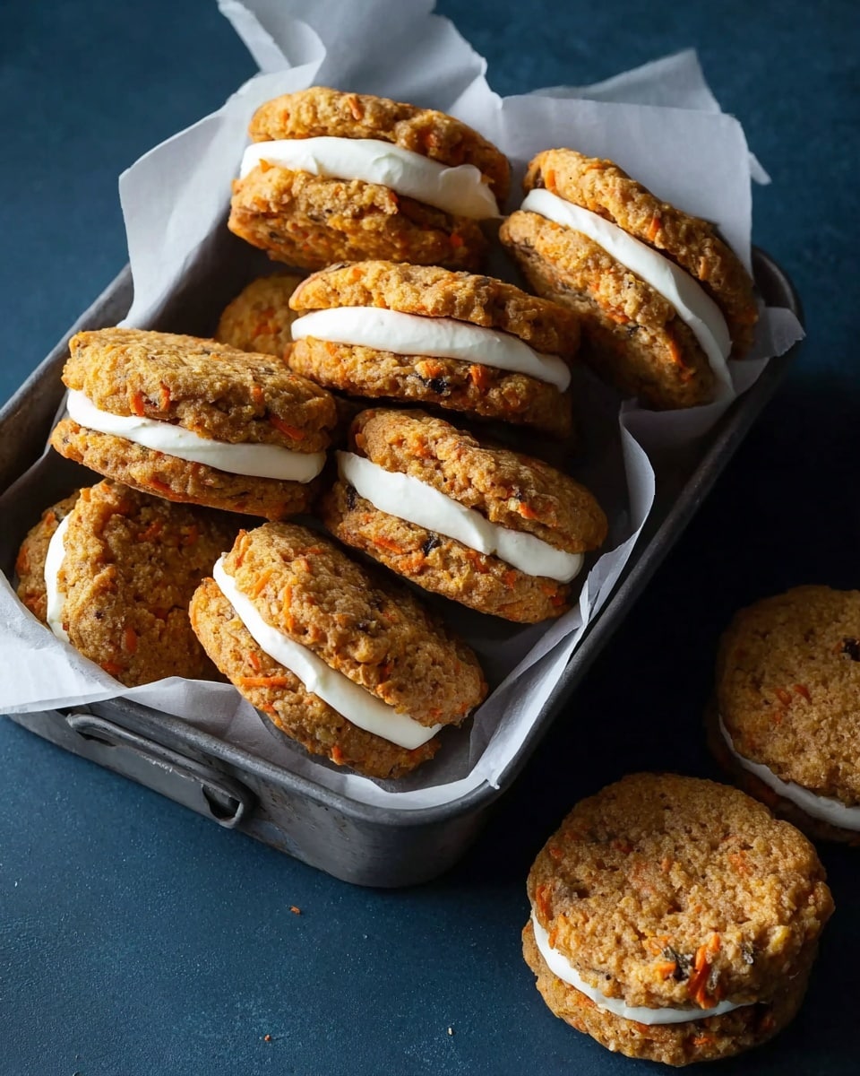 The image shows several small sandwich cookies with two round, textured oat and carrot cookies forming each sandwich. Each sandwich has a thick white cream layer in the middle, creating a clear contrast with the golden-brown cookies that have visible bits of carrot and dark pieces, possibly raisins or chocolate chips. The cookies have a rough, slightly bumpy surface, rich with orange and beige colors. The cookies are placed closely together on a dark surface, arranged in a slightly curved line. photo taken with an iphone --ar 4:5 --v 7