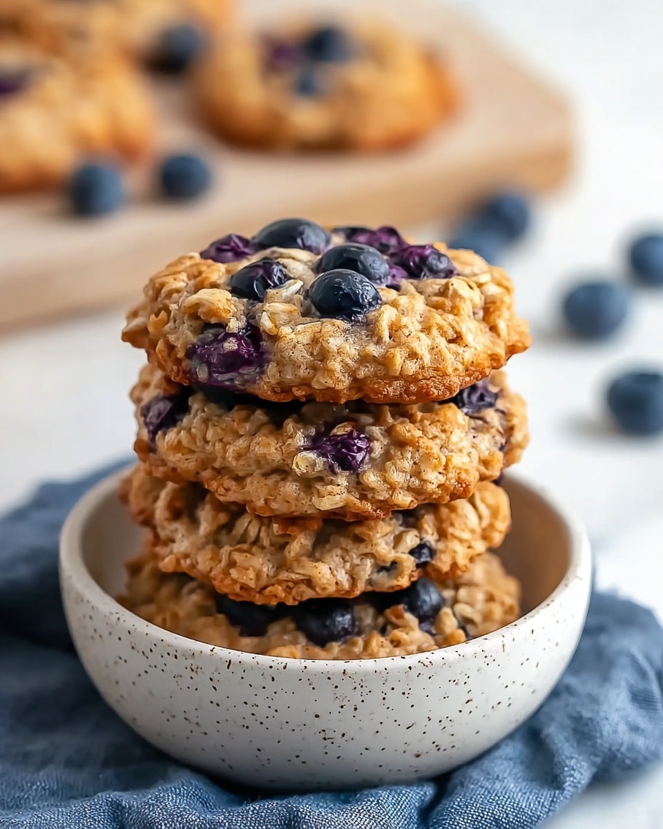 There is a stack of four oatmeal cookies with visible oats and deep purple blueberries baked inside. The cookies are golden brown with a rough, textured surface, and plump blueberries are spread across each cookie. The stack sits inside a white speckled bowl that rests on a folded blue cloth. In the background, more cookies are seen blurred on a white marbled surface, with a few loose blueberries scattered around. Photo taken with an iphone --ar 4:5 --v 7