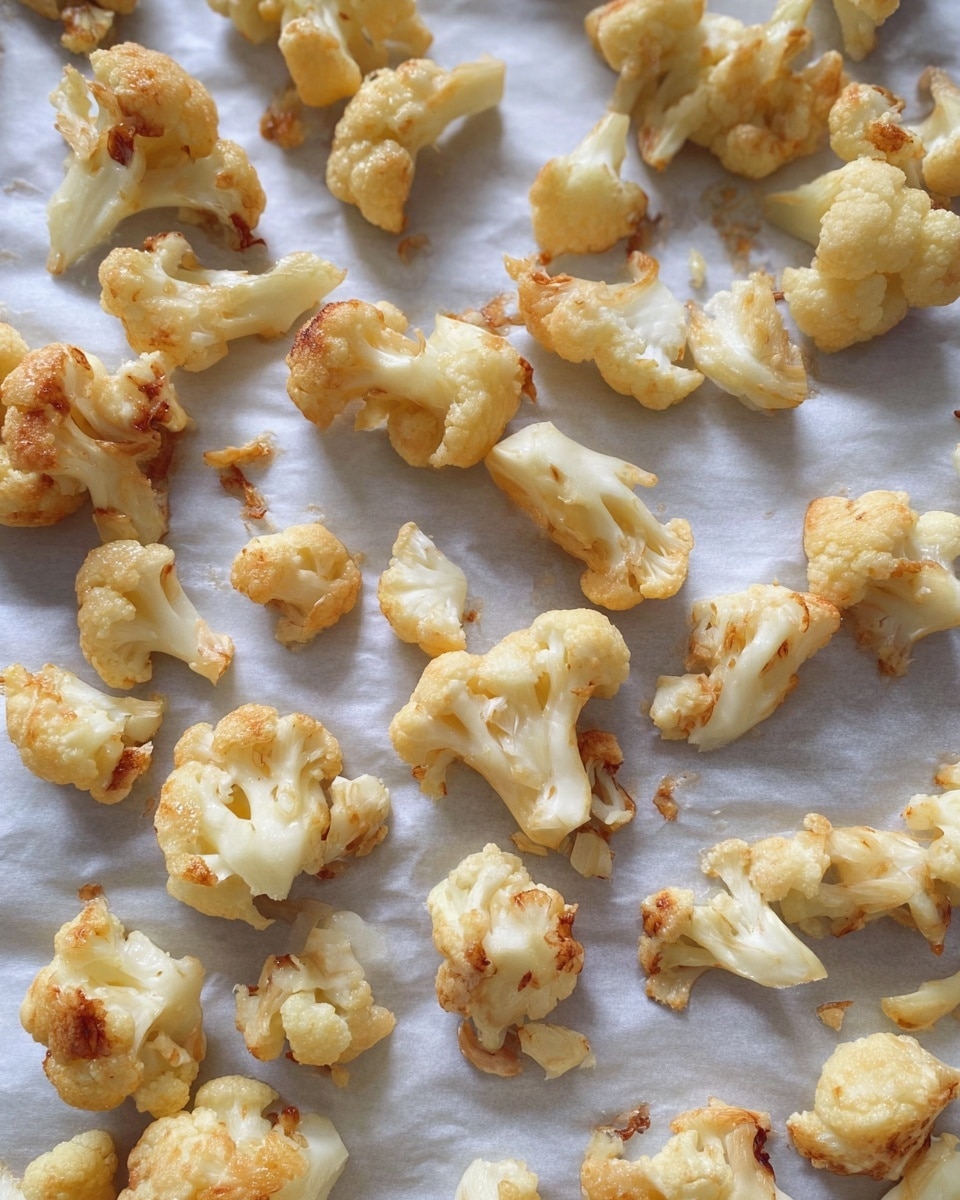 The image shows many small pieces of roasted cauliflower scattered on a white marbled surface covered with a slightly wrinkled white baking paper. Each cauliflower piece is light golden with some slightly browned spots, showing a soft and gently crispy texture. The pieces are irregular in shape with light shadows, suggesting they are freshly baked and still warm. Photo taken with an iphone --ar 4:5 --v 7