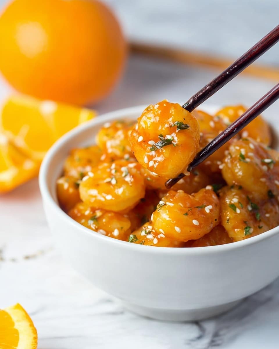 A white bowl filled with small shrimp coated in a bright orange sauce, sprinkled with white sesame seeds and small green herb pieces. One shrimp is held up close to the camera by a pair of dark brown chopsticks, showing the shiny texture of the sauce. The bowl sits on a white marbled surface with an orange slice placed nearby. A whole orange is blurred in the background. photo taken with an iphone --ar 4:5 --v 7