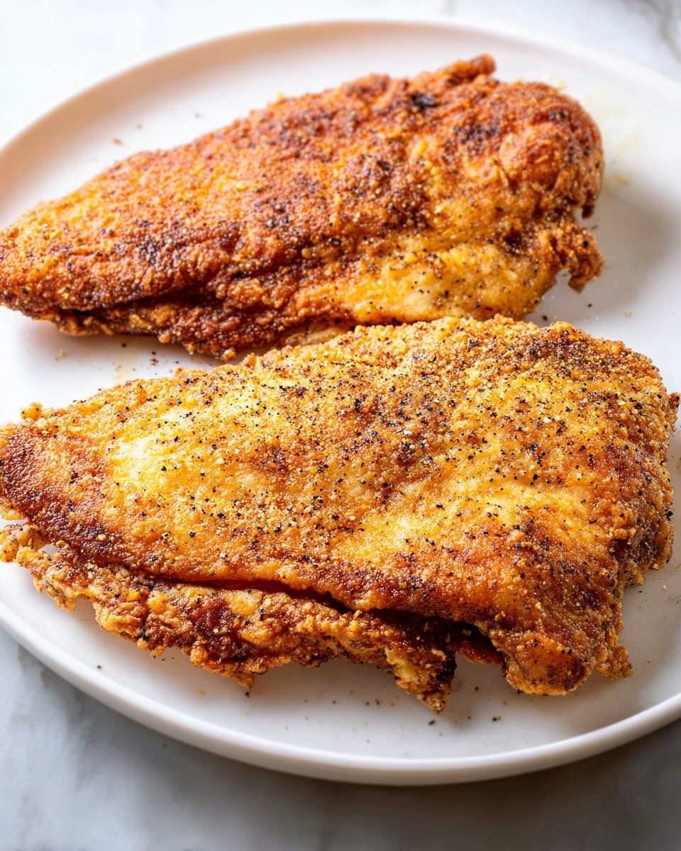 Two pieces of golden-brown fried chicken lie flat on a white plate, each with a crispy, slightly bumpy texture and a light coating of black pepper and spices. The chicken is evenly cooked, showing a crunchy surface with small dark spots. The white plate sits on a white marbled surface, and the scene is well-lit, emphasizing the warm, inviting color of the chicken photo taken with an iphone --ar 4:5 --v 7