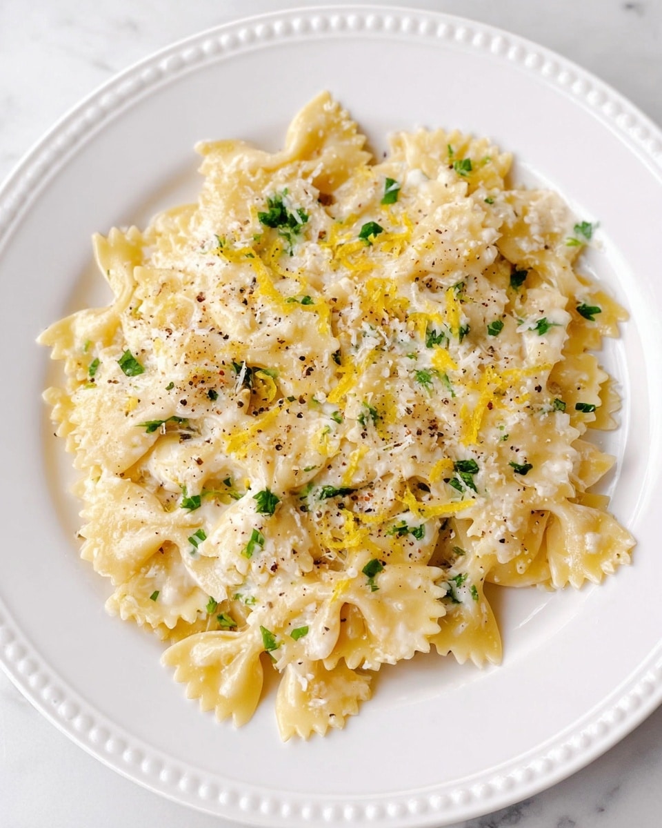 A white plate with a dotted edge holds a single layer of farfalle pasta, light yellow in color with a smooth texture. The pasta is covered evenly with a creamy white sauce that has a slightly grainy texture, scattered with fine black pepper flakes and small green herb pieces. Thin strands of grated cheese and some yellow lemon zest are spread on top, adding more texture and color contrast. The plate is set on a white marbled surface. photo taken with an iphone --ar 4:5 --v 7