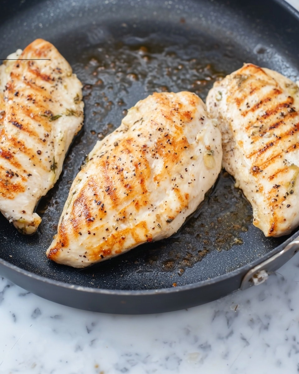 The image shows three cooked slices of chicken in a dark non-stick pan. Each slice has a light golden brown color with grill marks and small black pepper bits on top. The chicken pieces look juicy and tender with a slight shine from cooking oil. The pan holds some light brown oil spots and small cooked bits, adding texture to the surface. The background is a white marbled surface. Photo taken with an iphone --ar 4:5 --v 7