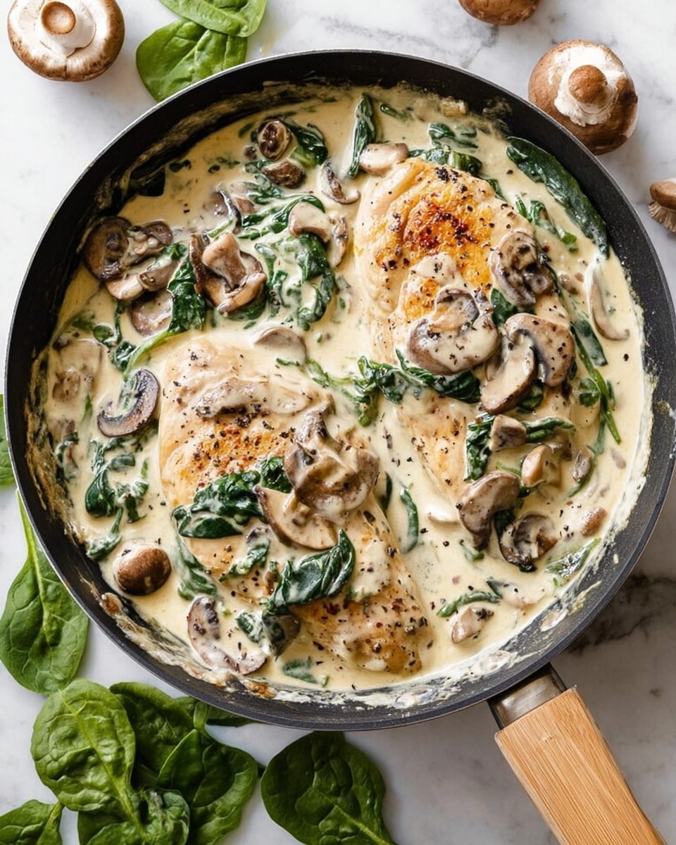 A black pan filled with two pieces of light golden chicken covered in a thick, creamy white sauce. The sauce contains cooked brown mushrooms with soft edges and dark green spinach leaves scattered throughout. The sauce looks smooth and rich, with a few black pepper specks on top. The pan has a wooden handle, and fresh spinach leaves and some whole mushrooms are placed next to the pan on a white marbled surface. Photo taken with an iphone --ar 4:5 --v 7