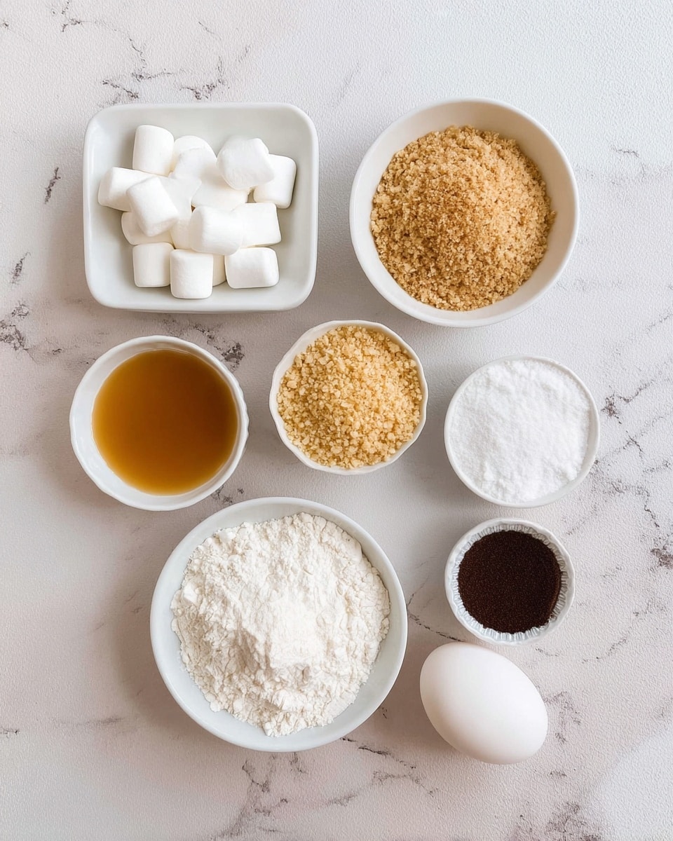 The image shows six white bowls and one white egg arranged on a white marbled surface. Starting from the top row, the first white square bowl holds small white marshmallows, the second bowl contains light brown crumbly crumbs, and the third holds finely crushed golden crumbs. Below these, the bowl on the left contains thick golden syrup, the center bowl holds white flour with a dusting of light brown powder on top, and two small white round containers near the right edge contain dark brown and white powders. A single white egg is placed near the bottom right side on the surface. Each ingredient has a different texture and color, all neat and clearly visible with soft natural lighting, photo taken with an iphone --ar 4:5 --v 7