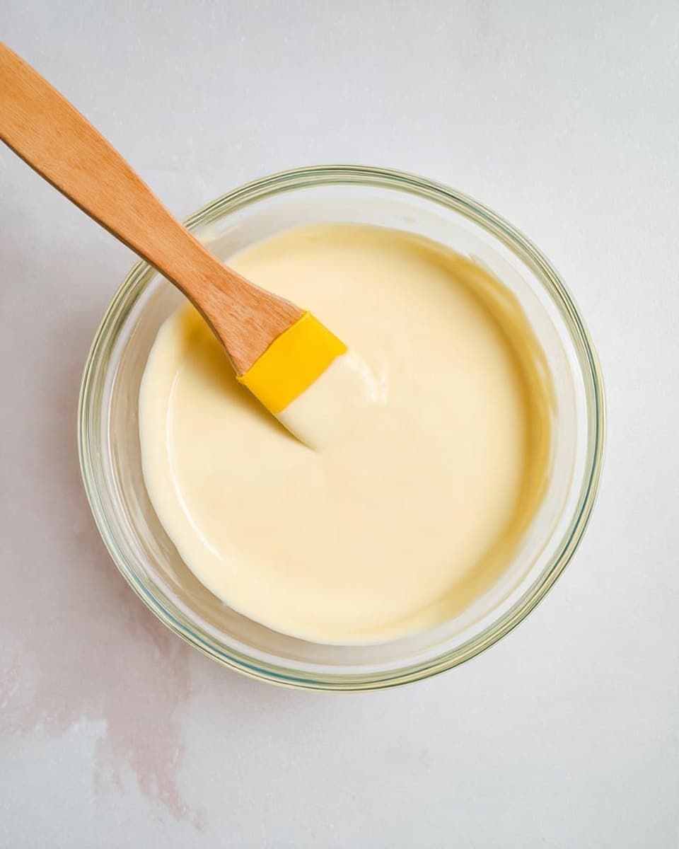 A clear glass bowl filled with a smooth, creamy, pale yellow sauce or batter, with a wooden spatula that has a yellow silicone tip partially dipped inside, resting against the side of the bowl. The bowl sits on a white marbled surface with soft light coming from above to highlight the texture of the creamy mix. The background focuses on the bowl and its simple contents, making the smooth texture and creamy color stand out clearly. photo taken with an iphone --ar 4:5 --v 7