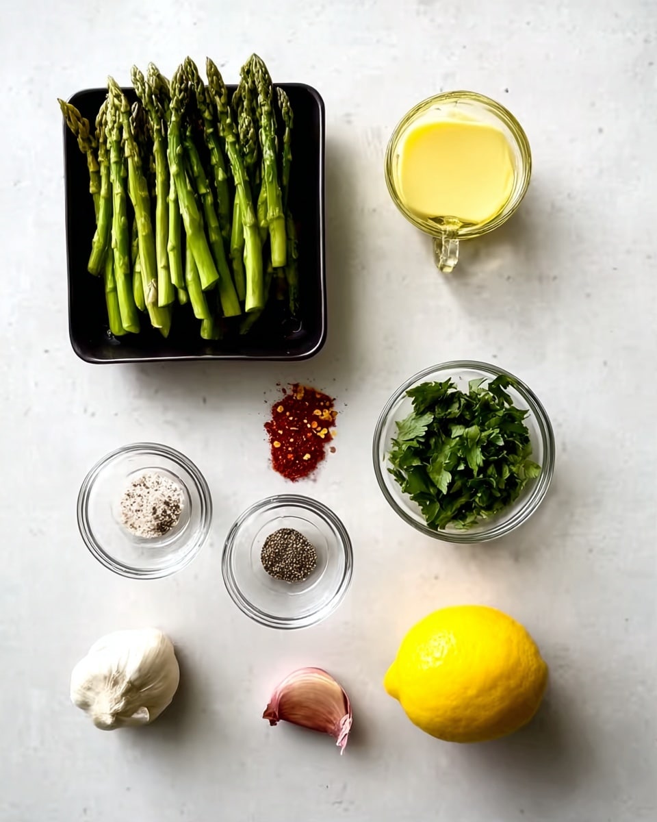 The image shows a flat white marbled surface with nine ingredients arranged neatly. At the top center, there is a small black square tray filled with fresh green asparagus tips with a smooth texture. To the right of it is a small clear glass cup filled with light yellow melted butter. Below the tray, slightly to the right, lies a bright yellow lemon with a slightly rough skin. In the middle row, from left to right, there are three small clear glass bowls: first with white salt and black pepper, second with red paprika powder and dried chili flakes, and third with green herbs, possibly cilantro, with leafy texture. Beneath these bowls, more to the bottom left, are fresh garlic cloves and a small shallot with pale purple skin. The photo was taken with an iphone --ar 4:5 --v 7