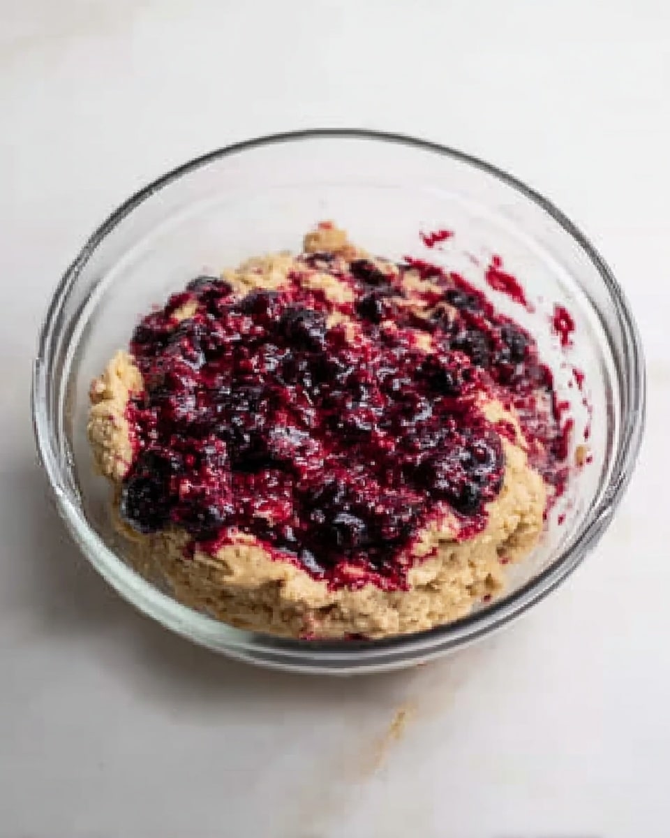 A clear glass bowl filled with a mixture that has two layers: the bottom layer is a light beige dough with a rough texture, and the top layer is a spread of mixed berries in dark purple and red shades, slightly mashed and unevenly spread on the dough. The bowl sits on a white marbled surface, with soft light highlighting the colors. photo taken with an iphone --ar 4:5 --v 7