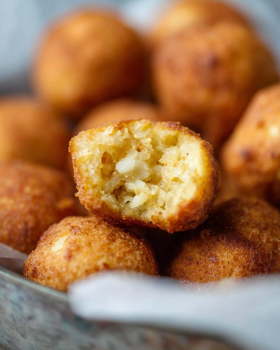 The image shows a close-up of several golden brown fried balls with a rough, crispy exterior texture. The focus is on one ball that is broken open, revealing a soft, crumbly inside with a light yellow color and some small white chunks. The fried balls are placed in a rustic metal container on a white marbled surface, with some balls out of focus in the foreground and background, giving a warm and inviting feel. Photo taken with an iphone --ar 4:5 --v 7