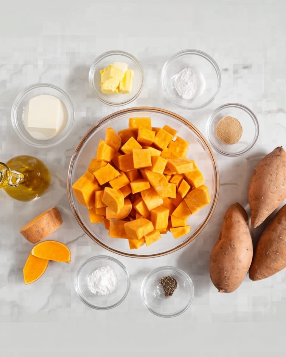A clear glass bowl filled with bright orange cubes of peeled and chopped sweet potato sits in the center on a white marbled surface. To the right of the bowl, there are three whole sweet potatoes with a light brown skin. Various small clear glass bowls surround the main bowl: one with a small yellow cube of butter, one with a white powder like sugar or salt, one with a light brown powder, one with a white liquid, and another with black pepper. On the left side, there is a peeled orange piece and a small bottle with a golden liquid, likely oil. Everything is neatly arranged, with clean and simple colors, emphasizing the fresh ingredients photo taken with an iphone --ar 4:5 --v 7