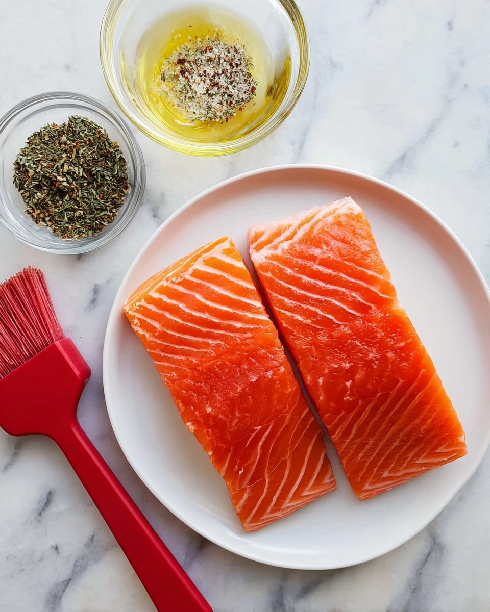 Two pieces of fresh bright orange salmon fillets with white lines lie side by side on a round white plate, placed on a white marbled surface. Above the plate, a small clear glass bowl holds a light yellow oil. To the left, another small clear glass bowl contains a mix of dried herbs and spices that are mainly green and brown. A red silicone brush with a short handle rests on the marbled surface near the bottom left corner of the image. Photo taken with an iphone --ar 4:5 --v 7