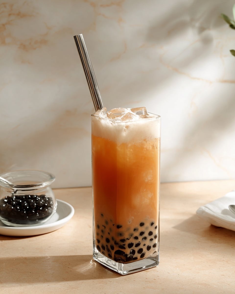 The image shows a tall, clear rectangular glass filled with a three-layered drink; the bottom layer has many black tapioca pearls, the middle layer is a rich, light brown tea, and the top layer is a frothy, creamy white foam with ice cubes floating inside. A silver metal straw is placed in the glass on the left side. The glass is placed on a beige surface with soft shadows and a white marbled texture in the background. Nearby, a small clear glass container with black tapioca pearls sits on a white dish. photo taken with an iphone --ar 4:5 --v 7