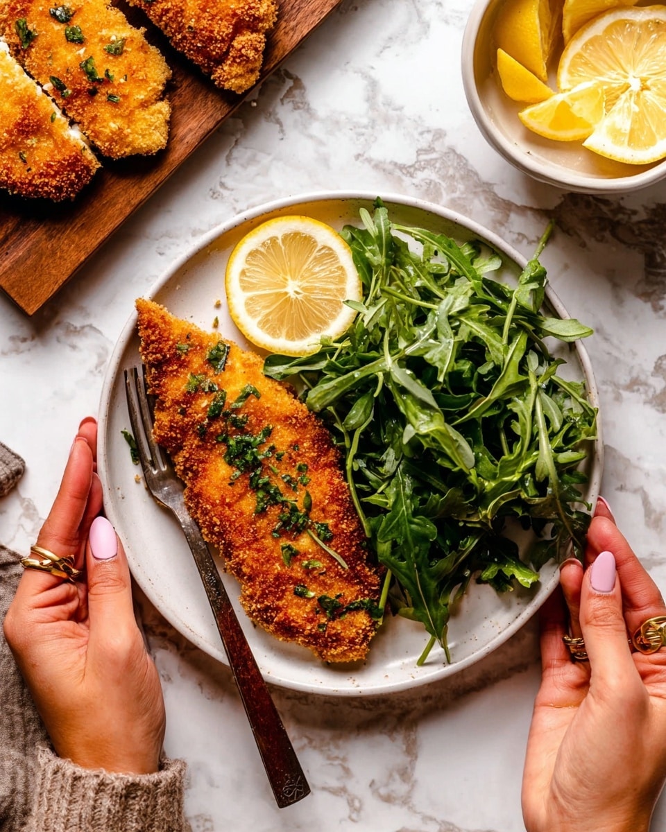 A white round plate holds a crispy golden-brown breaded fillet topped with green herbs and a yellow lemon wedge near its top left. To the right of the fillet is a pile of fresh dark green leafy arugula. A silver fork with a dark brown wooden handle rests diagonally on the arugula, partially touching the fillet. A woman's hands with light skin and pink nails hold the plate at the bottom, one hand showing a gold ring. The plate sits on a white marbled surface. Above and to the right is a white bowl with lemon wedges, and in the top left corner is a wooden board with more pieces of the breaded fillet and a lemon wedge placed on the white marbled surface. Photo taken with an iphone --ar 4:5 --v 7