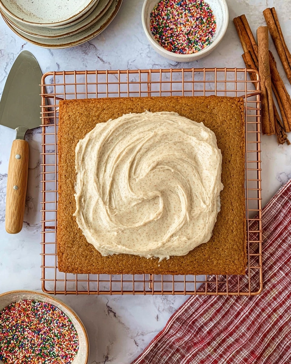 A square, light brown cake layer with a slightly rough texture sits on a copper cooling rack. In the center, there is a dollop of creamy, light beige frosting with visible specks, showing soft swirls and a smooth texture. Around the cake, there is a metal spatula with a wooden handle on the left side, a white bowl filled with colorful sprinkles at the bottom right, some cinnamon sticks at the top right, and three stacked white plates on the top left. The scene is set on a white marbled surface with a red and beige checkered cloth partially visible on the right side. Photo taken with an iphone --ar 4:5 --v 7