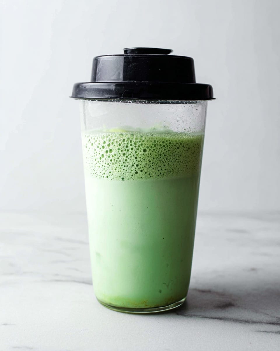 A clear glass cup filled with a green drink showing two layers, the bottom layer is a smooth light green liquid, and the top layer is a foamy pale green foam with many small bubbles, the cup is topped with a black plastic cap with a smaller cylindrical shape on top, all placed on a white marbled surface with a plain light background, photo taken with an iphone --ar 4:5 --v 7