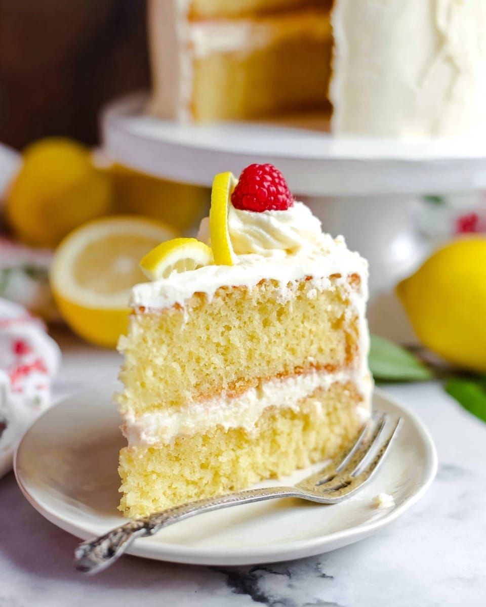 A tall slice of lemon cake with two thick yellow sponge layers separated by a white creamy filling in the middle. The top layer is covered with white cream and decorated with a small red raspberry and a thin slice of lemon. The cake is placed on a white plate with a silver fork next to it, sitting on a white marbled surface with some whole yellow lemons and a blurred full cake on a white cake stand in the background. photo taken with an iphone --ar 4:5 --v 7