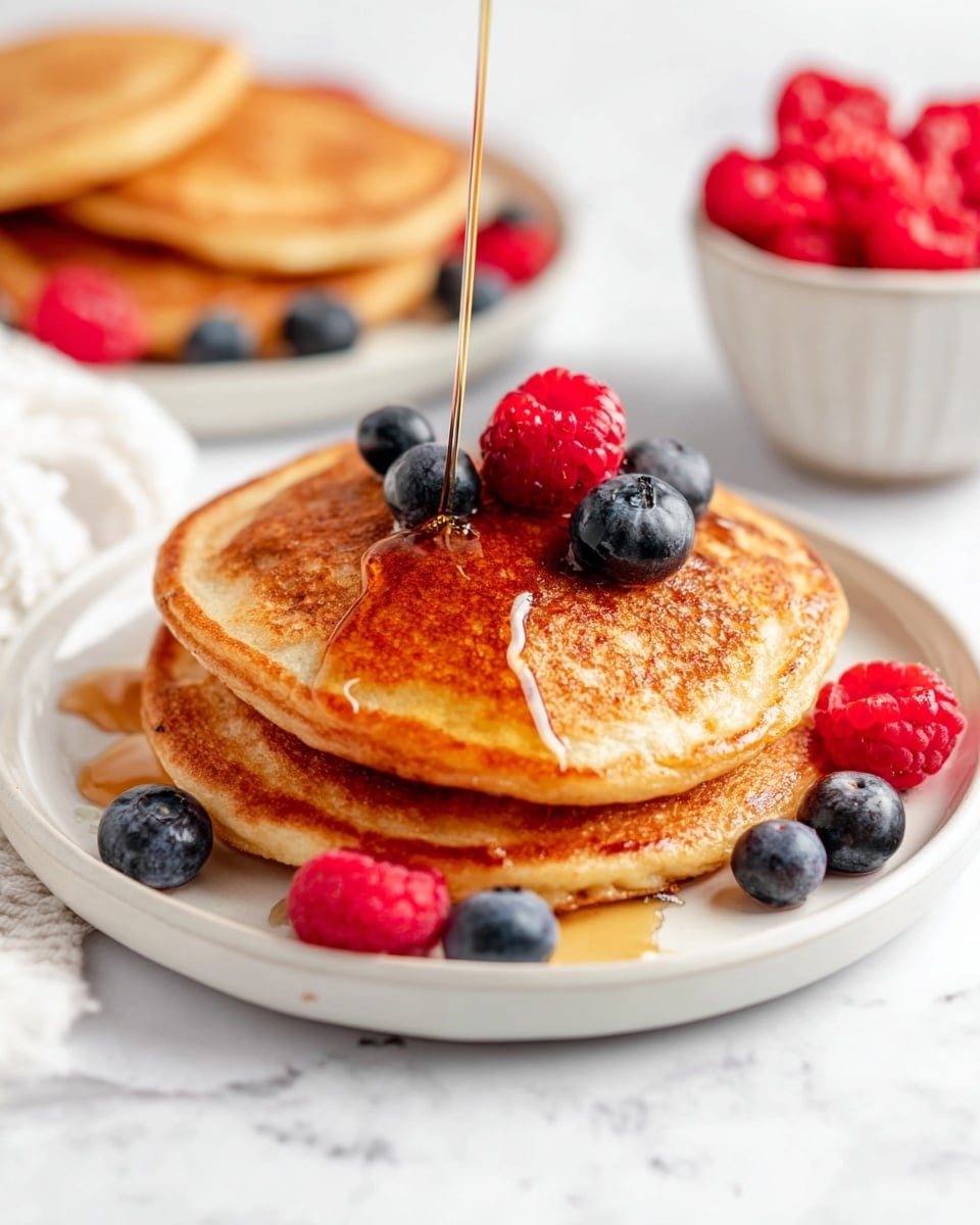 There are three golden-brown pancakes stacked on a white plate over a white marbled surface. The top pancake is being covered with syrup pouring down in a thin stream. On top of the pancakes, there are fresh blueberries and red raspberries scattered, with some berries resting on the plate. In the background, there is another white plate with more pancakes and a bowl filled with raspberries. The overall look is fresh, warm, and inviting. photo taken with an iphone --ar 4:5 --v 7