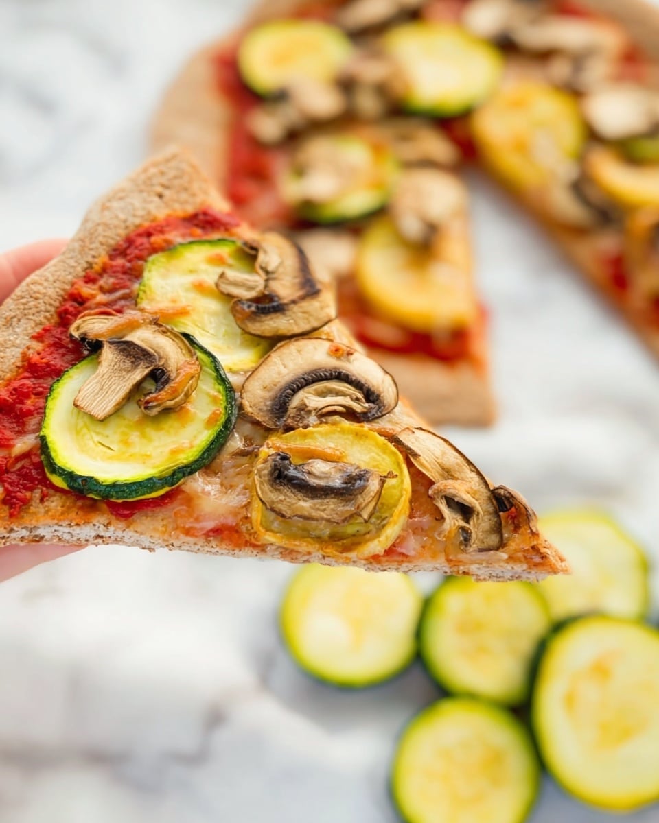 A close-up view of a thin pizza slice held by a woman's hand, featuring three main layers: a light brown crust at the bottom with a slightly rough texture, a smooth bright red tomato sauce layer above it, and a topping of melted light golden cheese covered with grilled slices of yellow-green zucchini and light brown mushrooms with dark edges scattered on top. Below, a white marbled surface holds the rest of the pizza in the background along with some sliced zucchini pieces blurred out. photo taken with an iphone --ar 4:5 --v 7