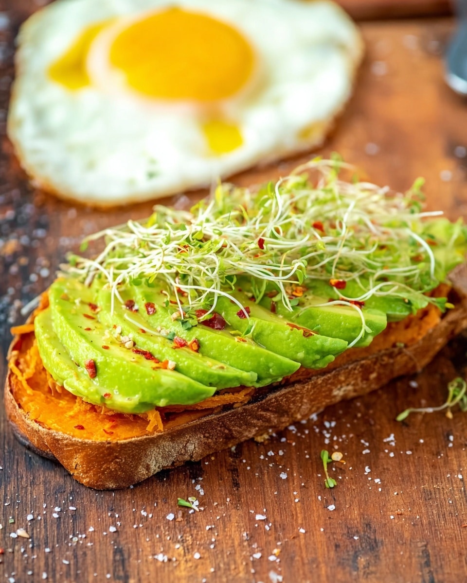 The image shows a wooden board on a white marbled surface with two pieces of toasted sweet potato slices used as the base. One slice is topped with bright green avocado slices, a few red chili flakes, and a small pile of white alfalfa sprouts. The second slice features a sunny-side-up egg with a bright yellow yolk in the center, sprinkled lightly with red chili flakes and coarse salt. Around the board, there are small red cherry tomatoes scattered, a half avocado with a green outer skin and a large brown seed, a small white bowl with more alfalfa sprouts, and another white bowl holding several sliced avocado pieces. The overall look is fresh, colorful, and healthy. Photo taken with an iphone --ar 4:5 --v 7