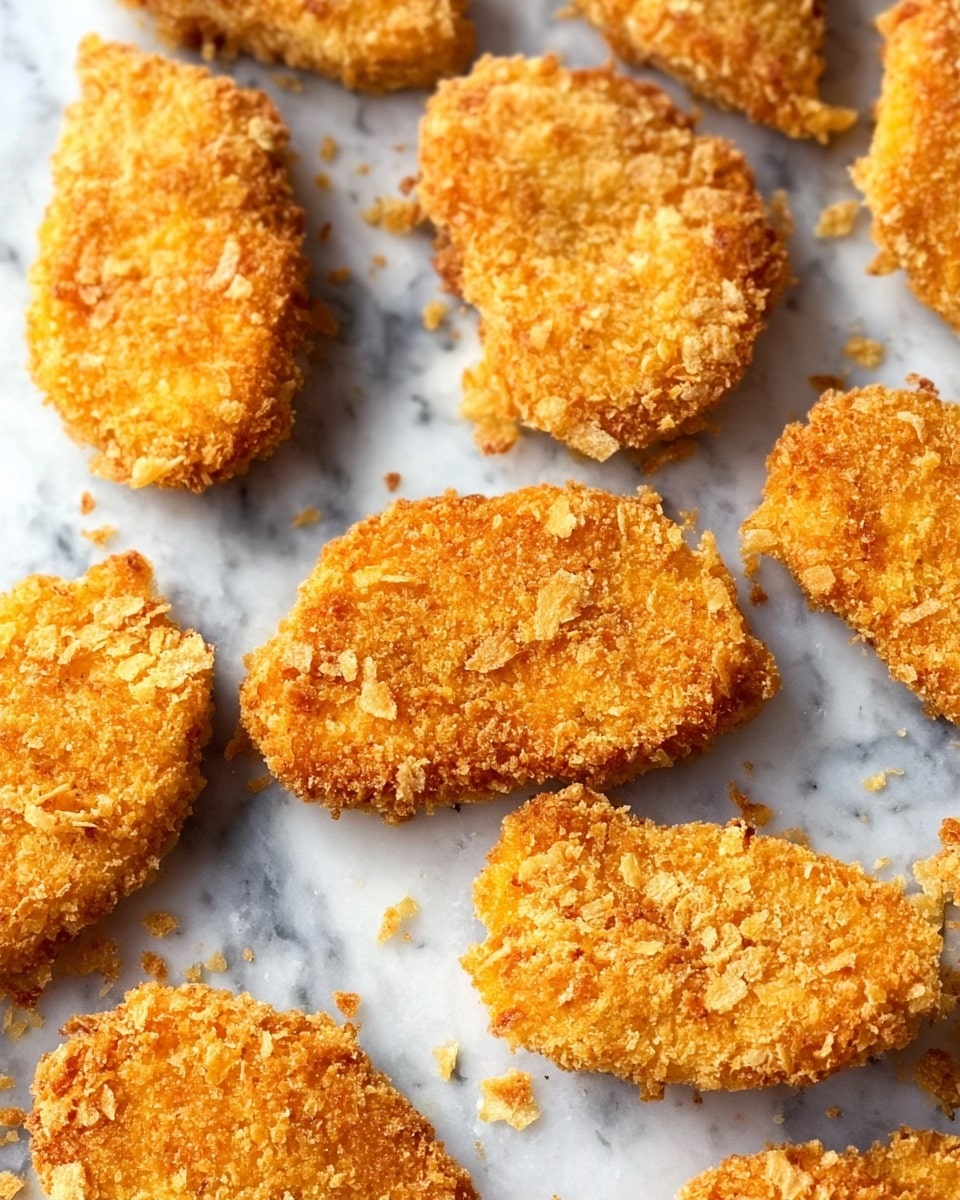 The image shows several golden brown pieces of breaded food arranged evenly on a white marbled surface. Each piece has a rough, crumbly texture with visible small coarse crumbs giving a crunchy appearance. The color of the coating ranges from light to medium golden brown, indicating they are cooked to a crisp. The pieces vary in size but have irregular oval or round shapes, lying flat on the surface with some small crumb bits scattered around them. photo taken with an iphone --ar 4:5 --v 7