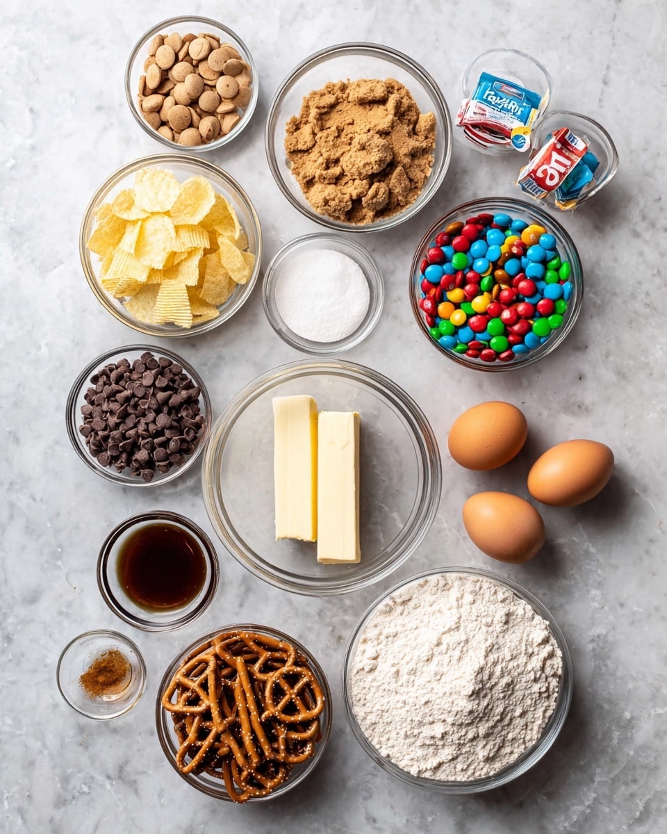 A collection of ingredients arranged neatly on a white marbled surface, each in a separate clear glass bowl or container. The display includes smooth, light brown peanut butter chips in a small bowl at the top center; crinkled, pale yellow potato chips in a bowl below and to the left; rich dark brown chocolate chips in a bowl below the peanut butter chips; colorful small round candy-coated chocolates in another bowl at the top right; two whole brown eggs in a bowl below the candies; two sticks of pale yellow butter stacked side-by-side near the center; broken pretzel sticks in a bowl at the bottom left; a large bowl of light brown brown sugar at the center; a small bowl of dark vanilla extract near the brown sugar; a medium bowl filled with white flour at the bottom right; another small bowl with white sugar near the flour; and two tiny bowls containing baking soda and salt placed near the bottom left corner photo taken with an iphone --ar 4:5 --v 7