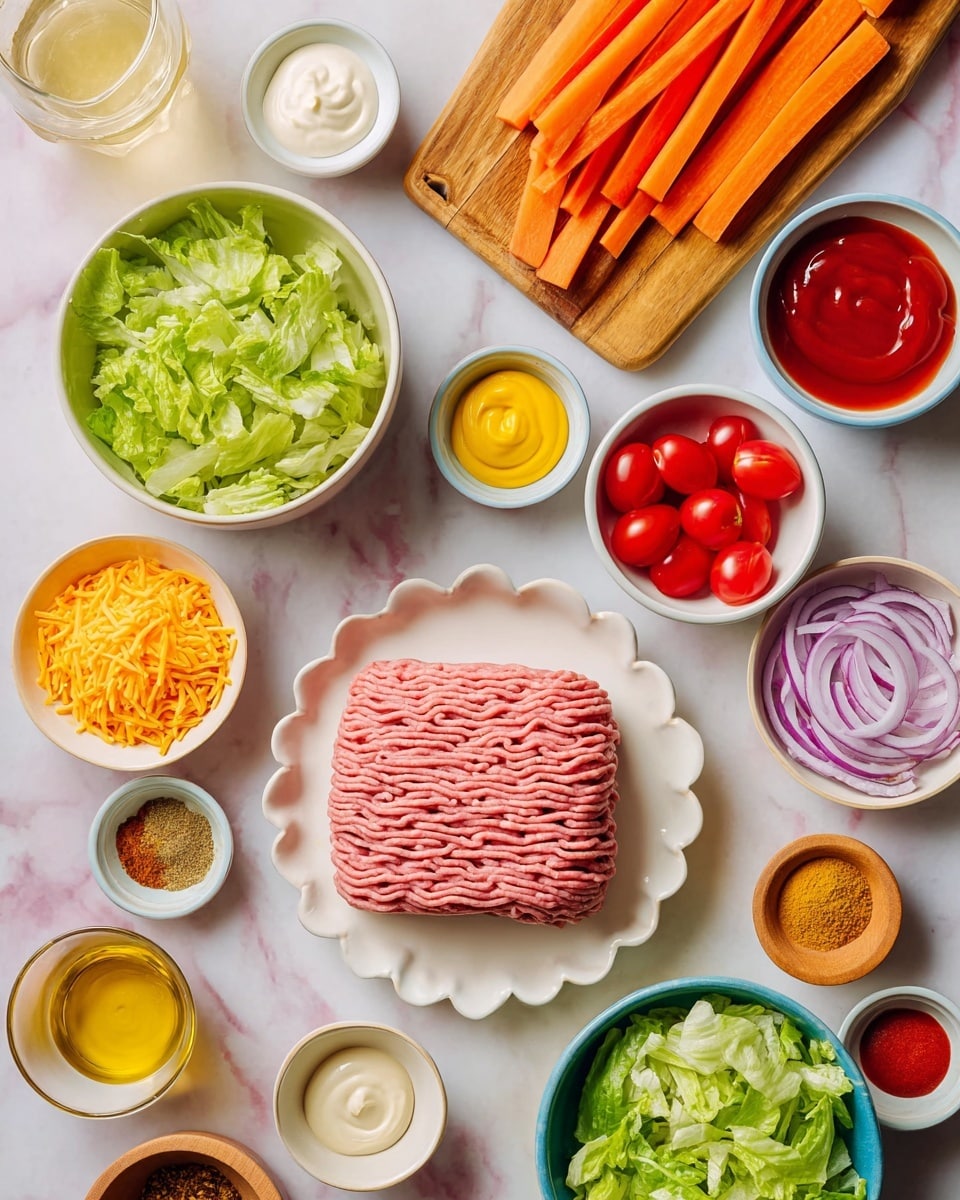 The image shows a top-down view of many ingredients neatly arranged on a white marbled surface. At the center bottom is a white scalloped plate holding a thick layer of pale pink ground meat, with noticeable ridges. Around it are small white bowls filled with shredded orange cheddar cheese, bright red cherry tomatoes cut in halves, and yellow mustard. Nearby, a larger white bowl contains fresh light green chopped lettuce, and another smaller white bowl holds thinly sliced purple onions. A wooden cutting board with long, bright orange carrot sticks is placed on the upper left. Various small bowls with different sauces and spices include smooth white mayonnaise, shiny red ketchup, a golden honey-like liquid, clear olive oil, and colorful powders of red, yellow, and black spices in both white and wooden bowls. The scene includes a woman's hand holding a glass of clear liquid on the left edge. The colors are bright, and the ingredients are organized cleanly and clearly. Photo taken with an iphone --ar 4:5 --v 7