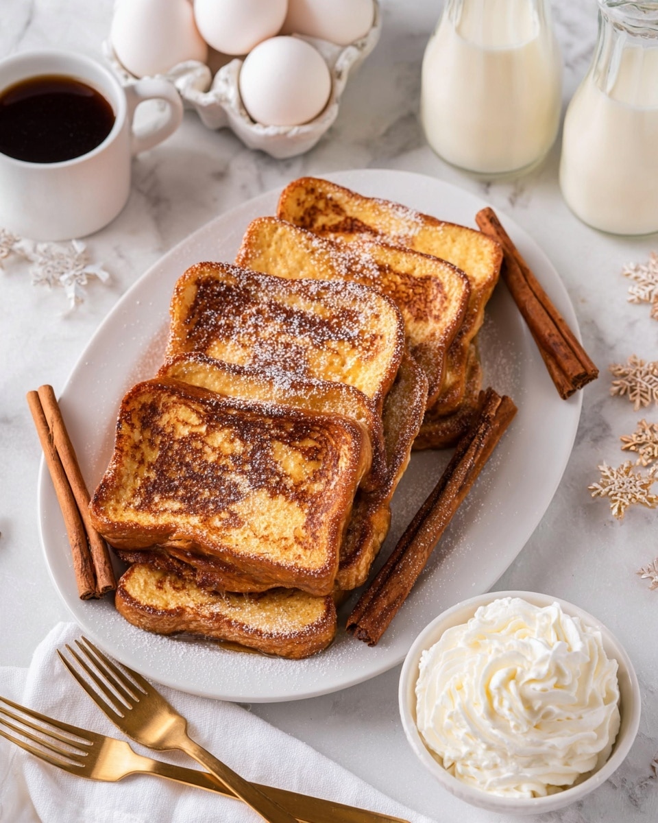 Six pieces of golden brown French toast are stacked slightly overlapping on a white oval plate. The toast has a crispy texture with light and darker browned patches and is dusted with powdered sugar. Around the plate are four long cinnamon sticks placed in pairs on both sides. In the background, there is a white cup filled with dark syrup on the left, three white eggs in a white container at the top, and two glass bottles filled with light creamy liquid to the right. At the bottom right corner, a small white scalloped bowl holds a swirl of whipped cream. Three gold forks rest on a white cloth napkin near the bottom left, all set against a white marbled textured surface. Photo taken with an iphone --ar 4:5 --v 7